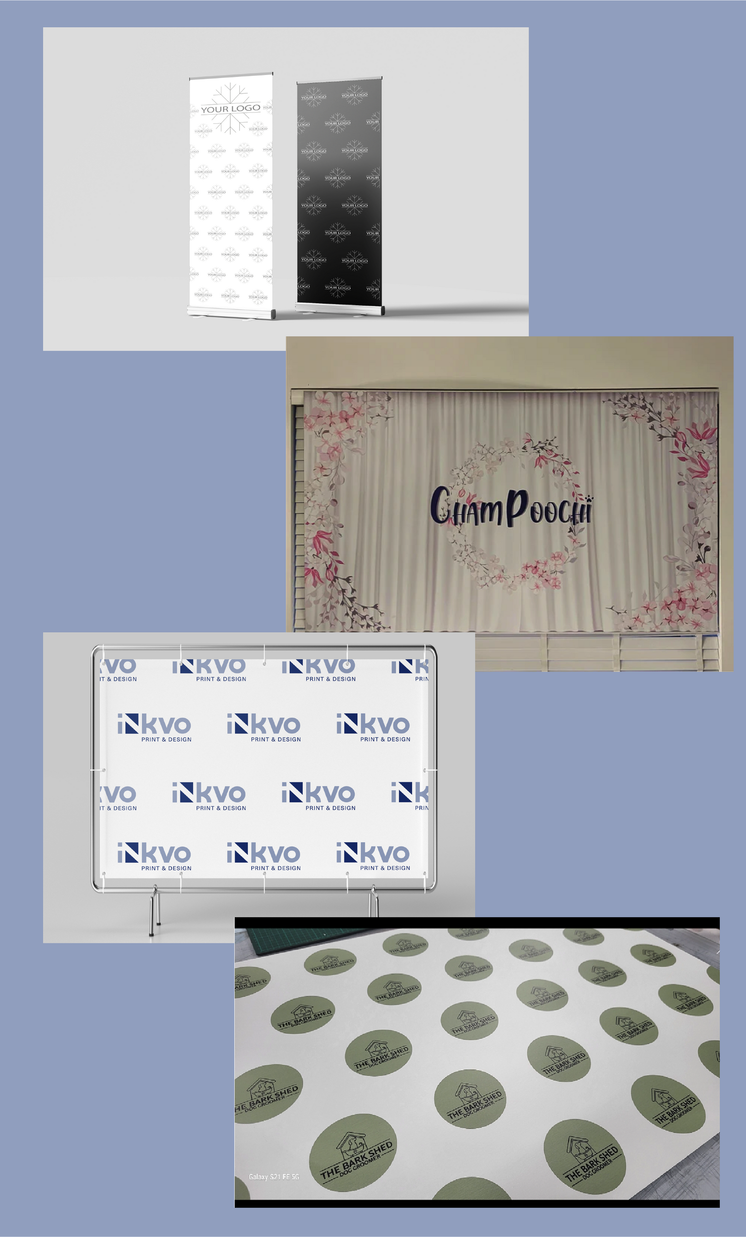 Collage of printed logo backdrops, step and repeat