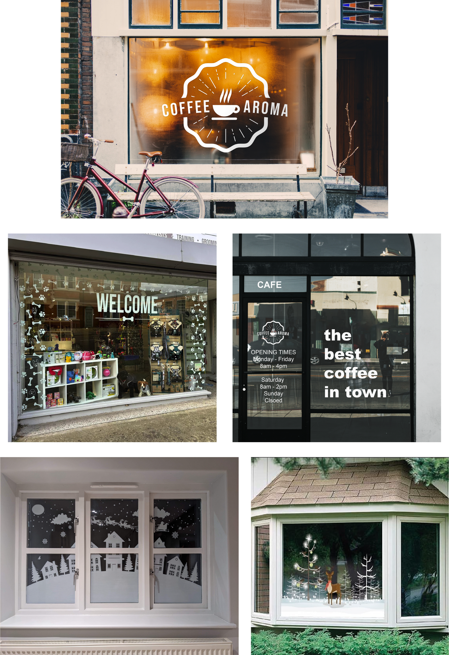 collage of shop window graphics. Christmas window decals