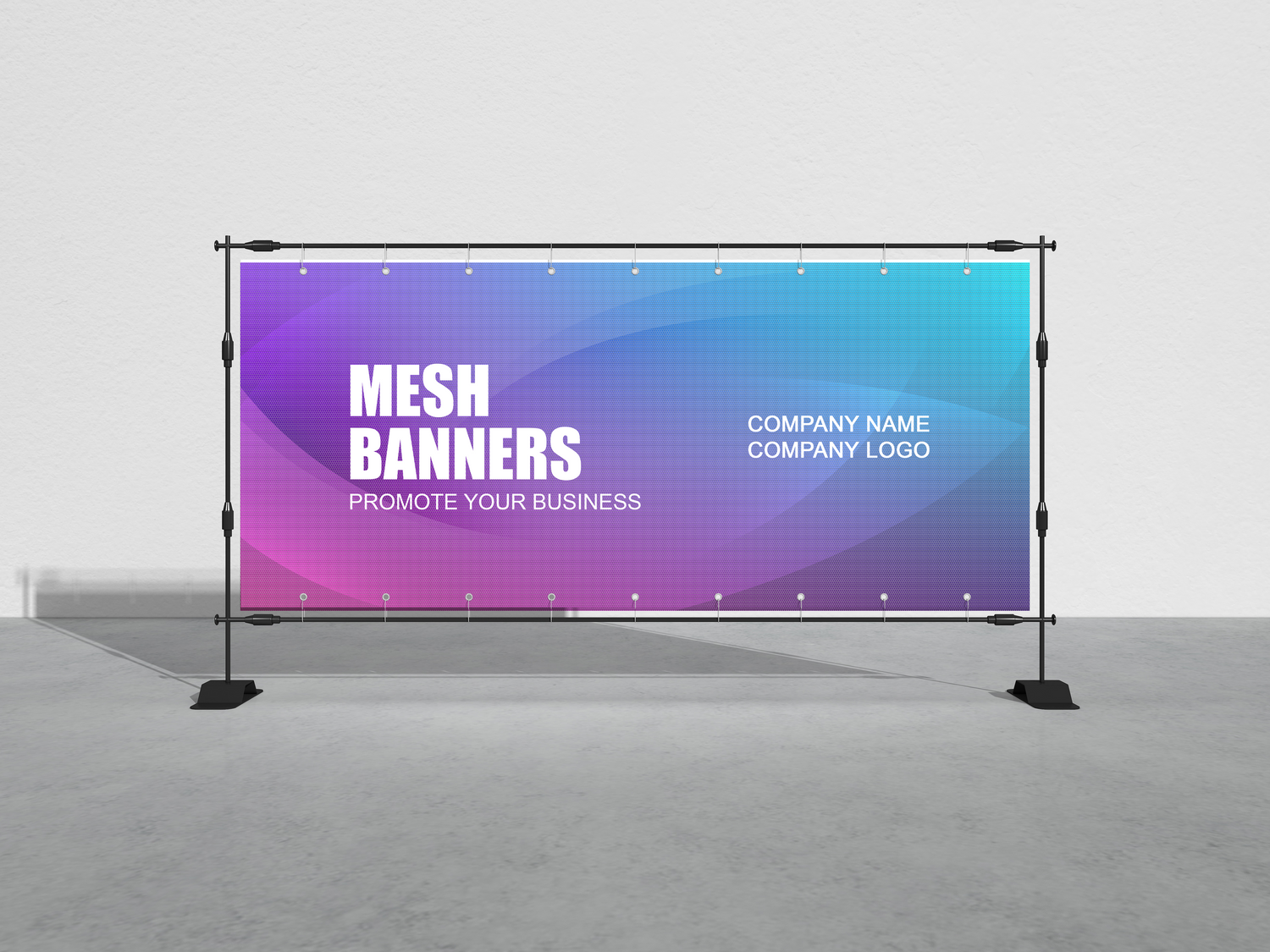 Mesh banner displayed on a stand