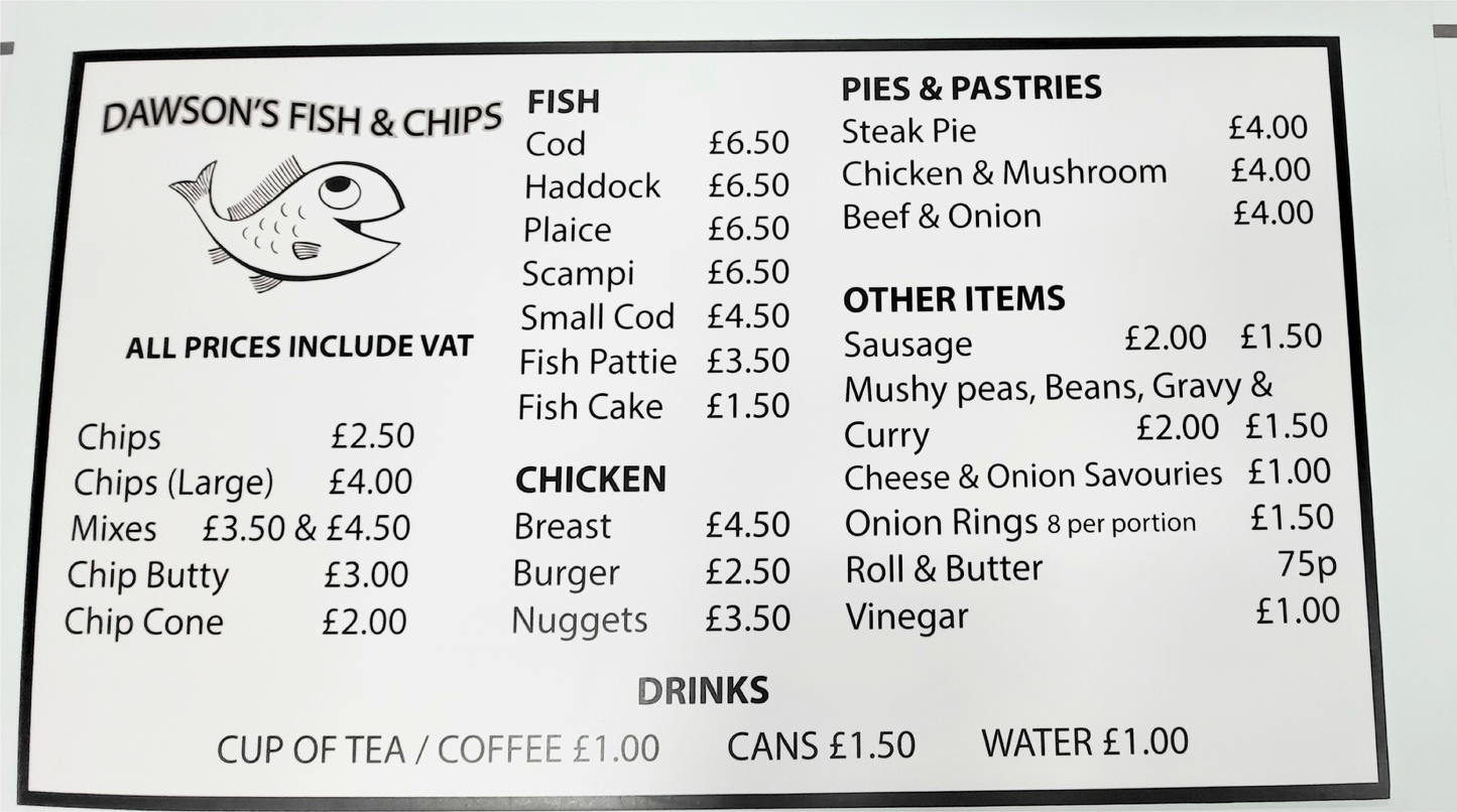 Foamex sign with menu for shop