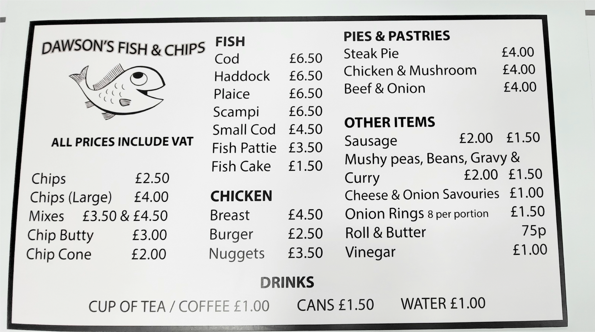 Foamex sign with menu for shop