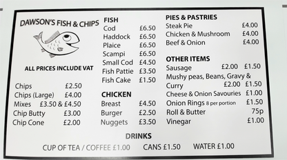 Foamex sign with menu for shop