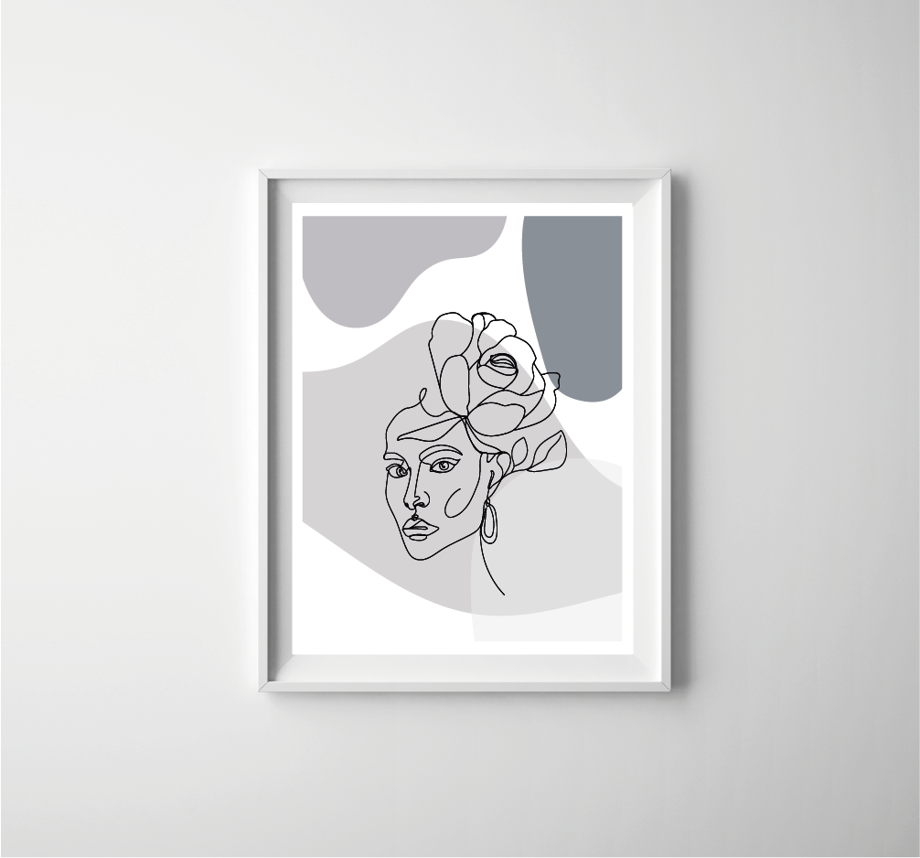 Grey line art ladies face and flower Print