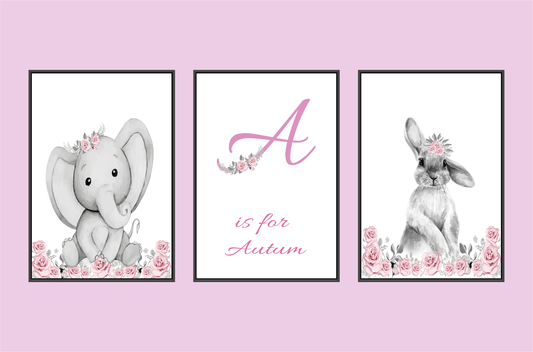 Personalised children's animal and name print trio